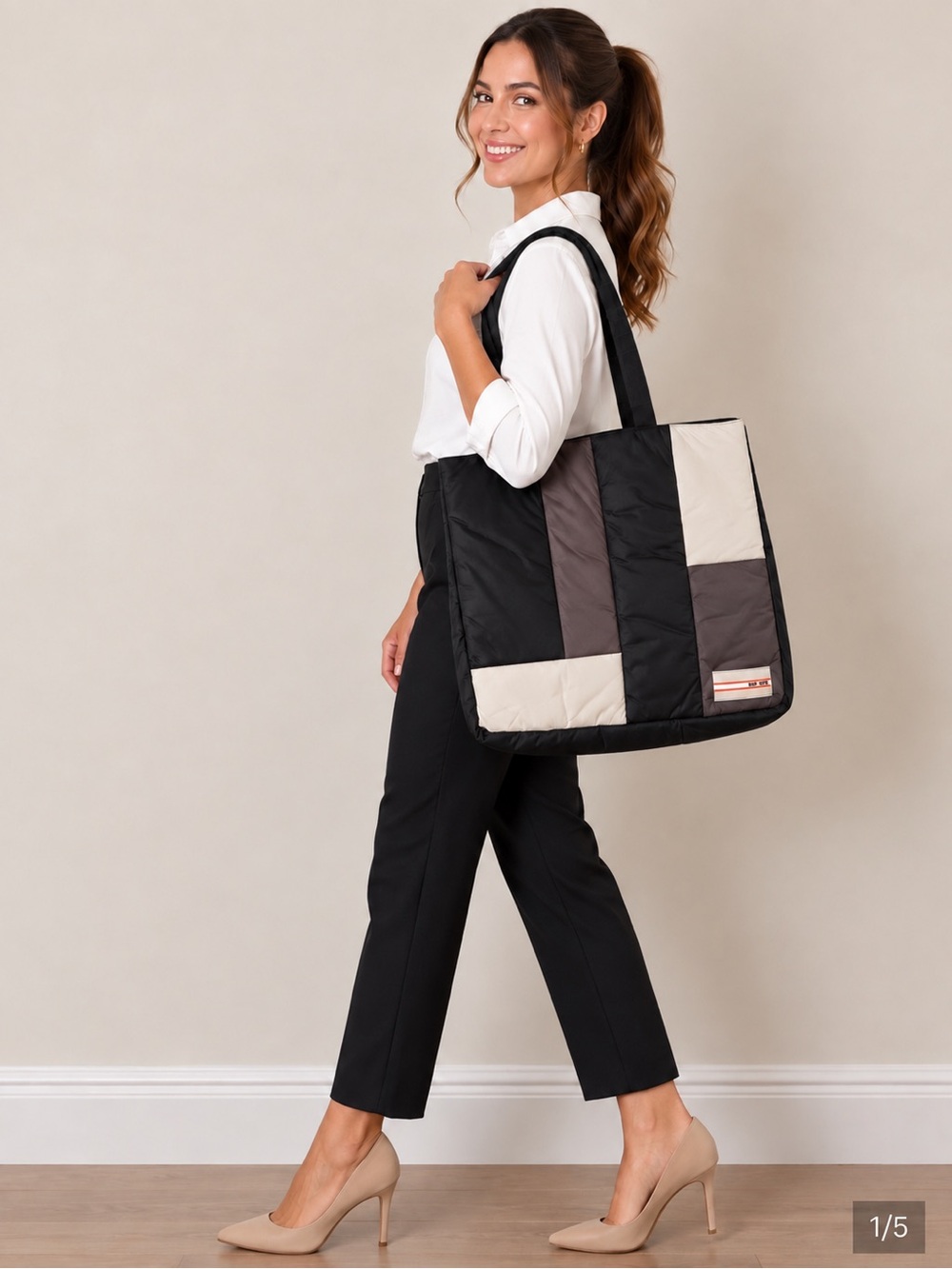 We ar4 Quilted Patchwork Tote Bag in Black, Brown & Cream